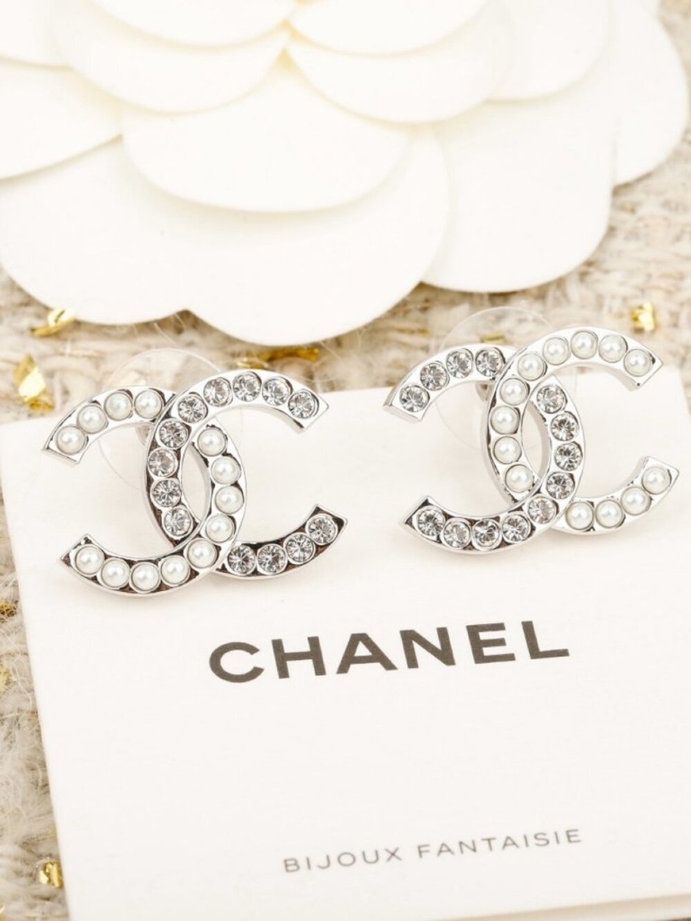 Chanel Silver-Tone Crystal Pearl CC Stud Earrings